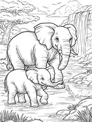 Mother and baby elephant by waterfall in serene nature scene