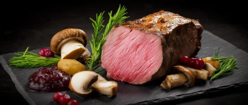 Barbecue deer haunch on a slate slab with cranberry sauce and mushrooms