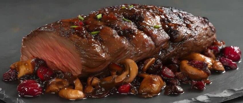 Barbecue deer haunch on a slate slab with cranberry sauce and mushrooms