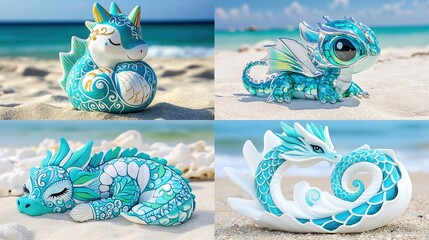 Teal dragons on sand; whimsical fantasy creatures against a beach background