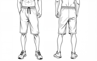 mens drawstring waist short pant and jogger bottom flat sketch vector illustration front and back view technical cad drawing template. High quality