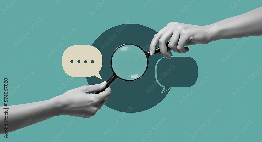 Poster analyzing communication strategies through magnified text bubbles and hands engaged in dialogue