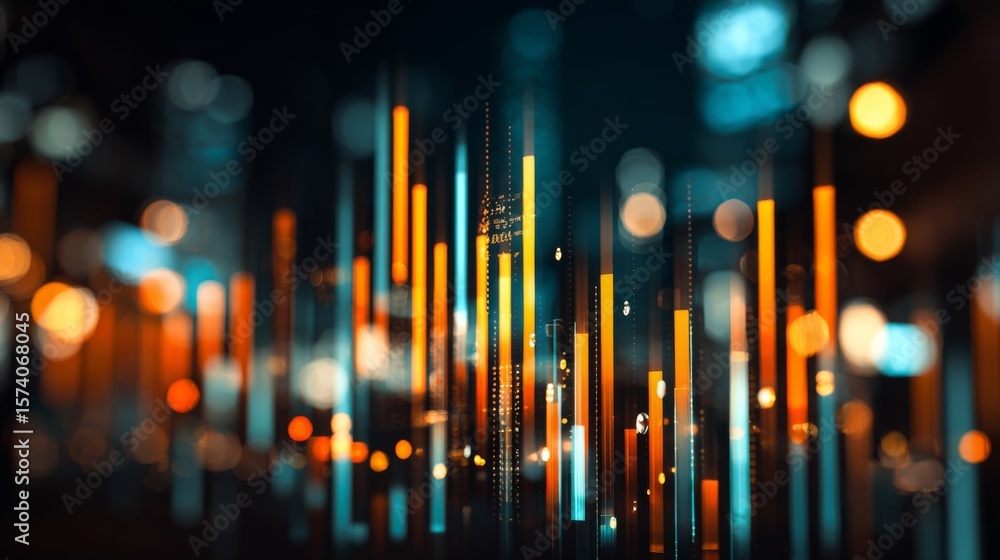 Aufkleber a futuristic digital display of bar graphs and financial indicators with glowing effects.