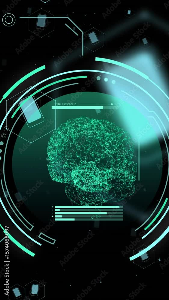 Poster animation of scope, human brain and scientific data processing over black background
