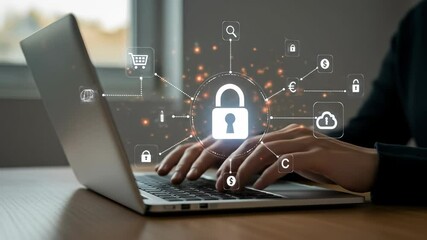 Cybersecurity protection for online data on a laptop. An adult user ensures internet network security and digital privacy with a glowing lock. - Powered by Adobe