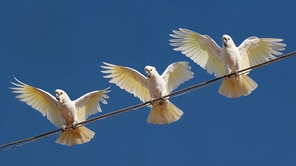 Tres cacatúos blancos posados en un cable eléctrico contra un cielo azul intenso.