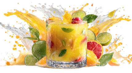 Citrus sensation juice glass covered with different fruits and their splash isolated on transparent 