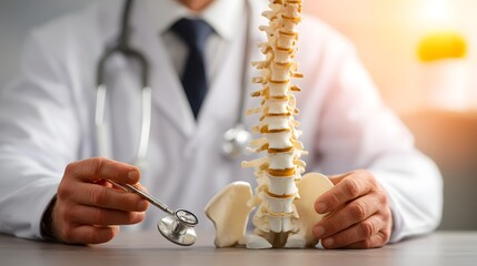 Doctor Examining Spinal Column Model Healthcare Orthopedics and Spine Specialist Concept