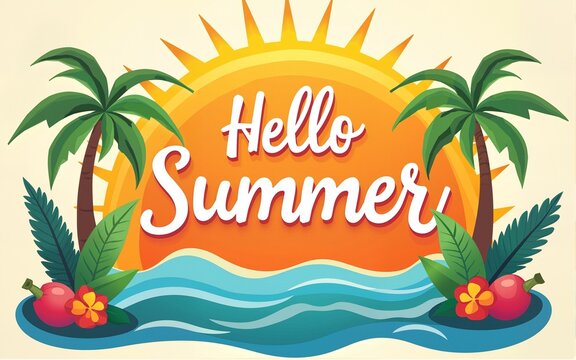 Hello summer clipart poster set. Summer greeting card clip art with sun wearing sunglasses and tropical elements in colorful background vector illustration. High quality