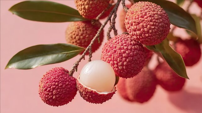 Close-up of fresh lychees on tree branch against pink background, with peeled fruit revealing juicy white pulp, symbolizing summer nostalgia and tropical sweetness in minimalist style