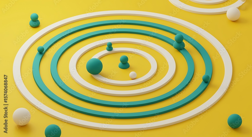 Poster abstract concentric circles with small figures and spheres creating a playful geometric composition