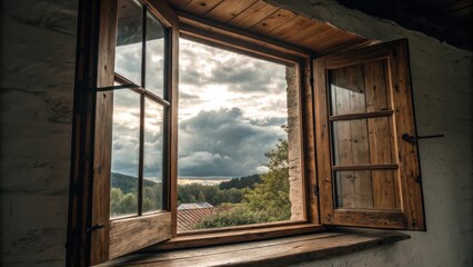 Scenic View Through Rustic Wooden Window Framed by Nature