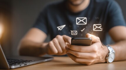 Man using smartphone checking emails digital communication online messaging inbox notification