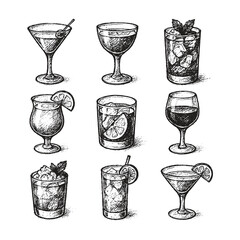 Collection of hand-drawn cocktail drinks in vintage sketch style. Includes various glass shapes, garnishes, and refreshing details.