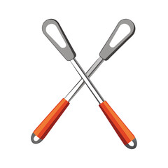 Obraz premium A set of sharp, red metal office tools, including scissors, a knife, and paper clips, isolated on white