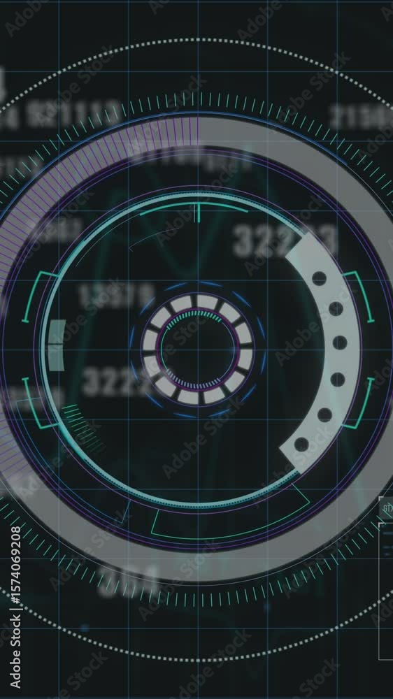 Poster round scanner and multiple changing numbers against data processing on black background