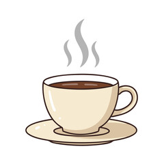 Coffee cup with steam on saucer in minimalist style  