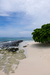 Rocky coastline of remote tropical island with white sandy beach in the Solomon Islands, South...
