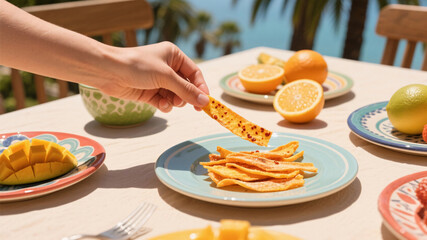 Close-up of trendy freeze-dried mango strip being picked up, surrounded by citrus fruits and laid-back summer styling