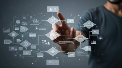 Process Automation: A man optimizes a futuristic digital workflow, showcasing business transformation and data management technology. - Powered by Adobe