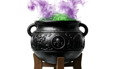 Cauldron Bubbles Green Potion, Smoke billows; Transparent Background Image