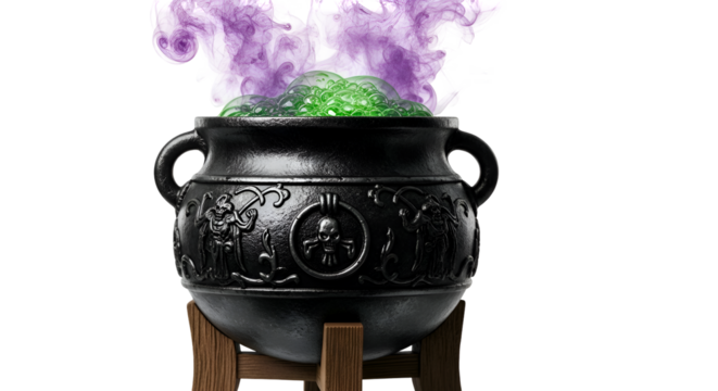 Cauldron Bubbles Green Potion, Smoke billows; Transparent Background Image