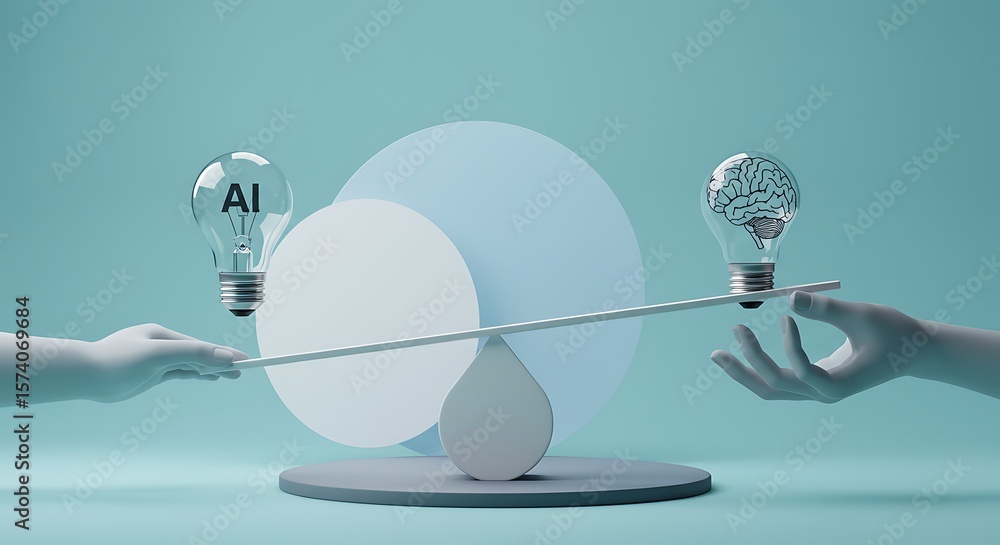 Poster balancing innovation and artificial intelligence concepts on a seesaw with hands
