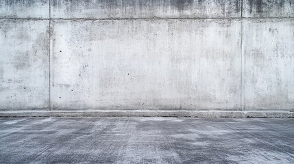 A vast, textured concrete wall meets a smooth, gray floor, creating a stark, minimalist urban scene