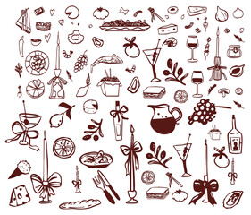 Italian French food restaurant doodle sketch collection. Vacation summer party set. La dolce vita whimsical style.