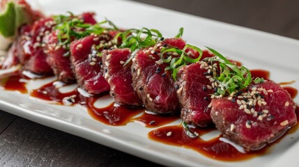 A gourmet Wagyu beef sashimi platter with beautifully sliced raw beef, drizzled with soy sauce and garnished with sesame seeds and green onions