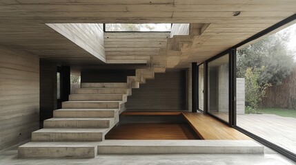 Fototapeta premium Concrete staircase and recessed seating area in a modern home, featuring large windows offering outdoor views