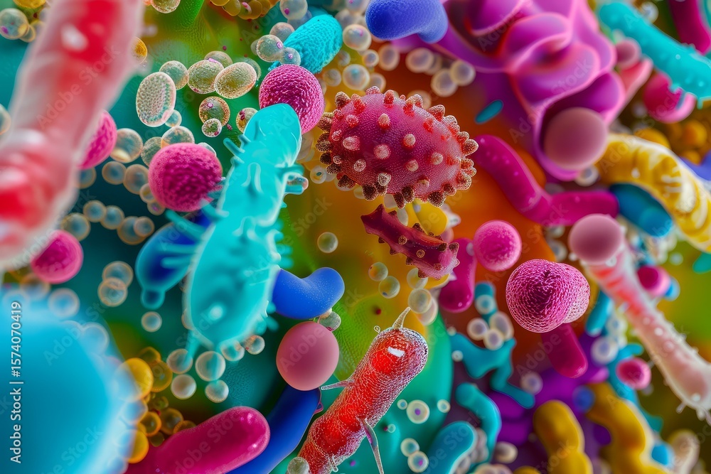 Aufkleber microscopic view of colorful bacteria and viruses floating in a vibrant environment