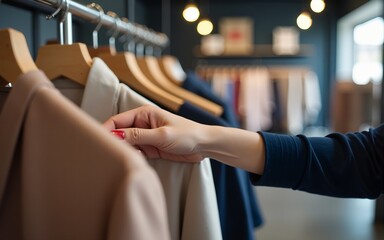 Close up of a customer hand choosing clothes at small business fashion store, modern showroom, retail shop, apparel sale, making decision to buy. High quality