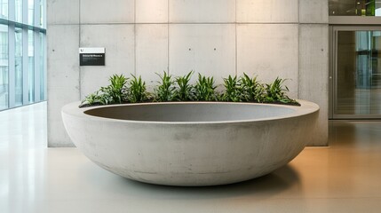 A large, bowl-shaped concrete planter filled with various green plants sits in a modern building's lobby, against a concrete wall and near a window