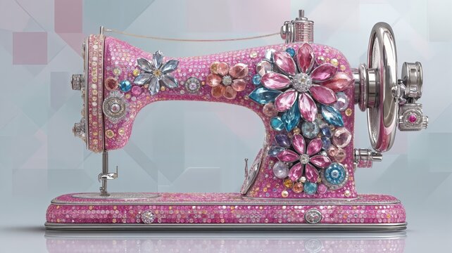 Una m&aacute;quina de coser ricamente decorada con gemas y flores.