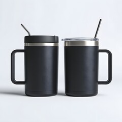 Insulated coffee mug with handle stainless steel travel tumbler set black