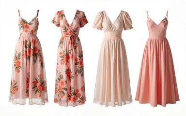 Set of floral dresses isolated on transparent background. Elegant summer clothing for women, ideal for fashion, apparel, and lifestyle themes. High quality
