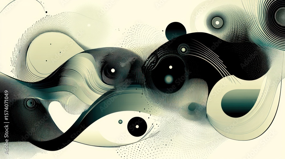 Poster abstract generative art featuring curved lines, circles, and intricate patterns