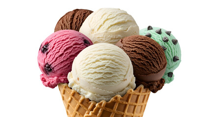 Ice Cream Scoops in Waffle Cone, Transparent Background