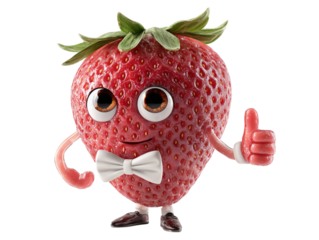 A cheerful anthropomorphic strawberry, with a white bow tie,  giving a thumbs-up in approval, bringing a touch of whimsy and endorsement. 