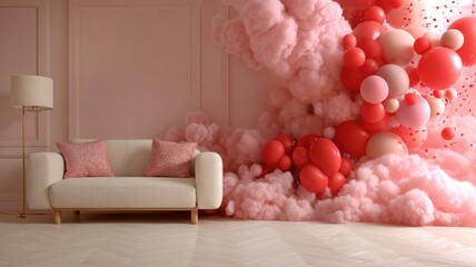 Una acogedora sala inundada de una exuberante nube de globos rojos y rosados.