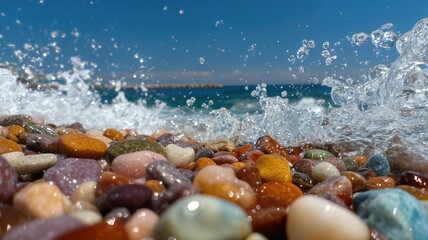 Primer plano de una playa de guijarros con una ola rompiendo sobre ellos.