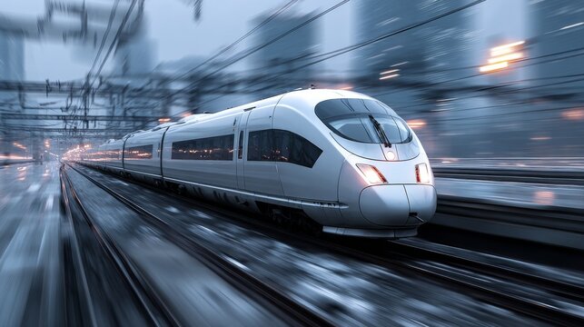 A high-speed electric train racing along tracks, with a blurred background showcasing the speed and power of the modern rail system