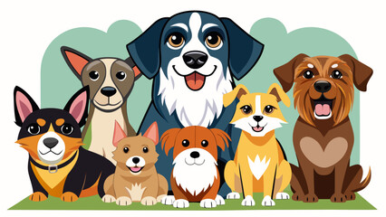 Obraz premium A cheerful group of diverse cartoon dogs posing together outdoors on a sunny day