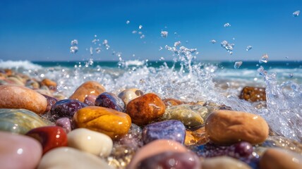 Una vista cercana de una playa de guijarros coloridos con olas rompiendo.