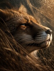 Retrato de un león con una mirada intensa y un fondo de vegetación dorada.