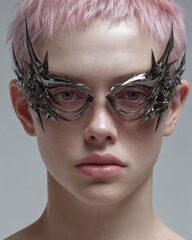 Retrato de una persona con gafas futuristas y pelo rosa.