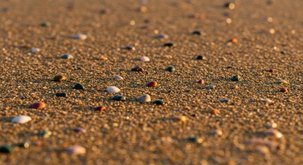Glistening Golden Sand with Scattered Colorful Pebbles and Tiny Seashell Fragments on a Sunny Beach