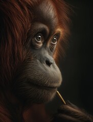 Retrato íntimo de un orangután con una ramita en la boca.