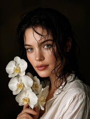 Retrato de una mujer con orquídeas blancas en un ambiente oscuro.
